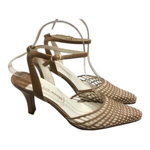 Ann Marino Tan and Cream Leather Woven Ankle Strap Heels Size 8.5 EUC